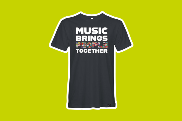 Black T-shirt with text on it "Music brings people together" with the word "People" made out of flags from different countries.