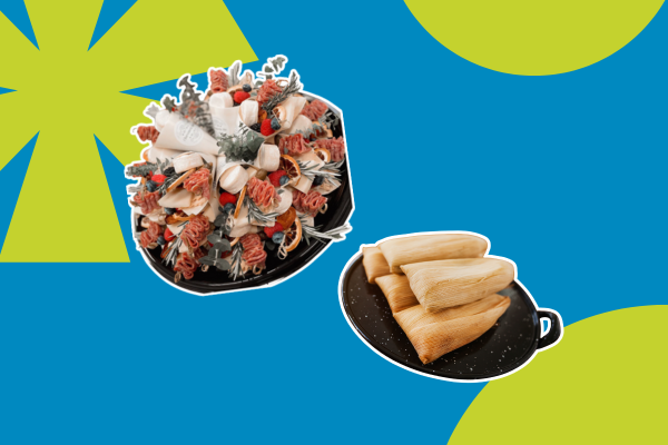 Blue background with lime green snowflake icons and a charcuterie board and plate of tamales.