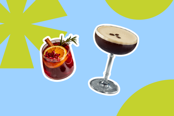 Blue background with lime green snowflake icons and an espresso martini and holiday fizz cocktail.