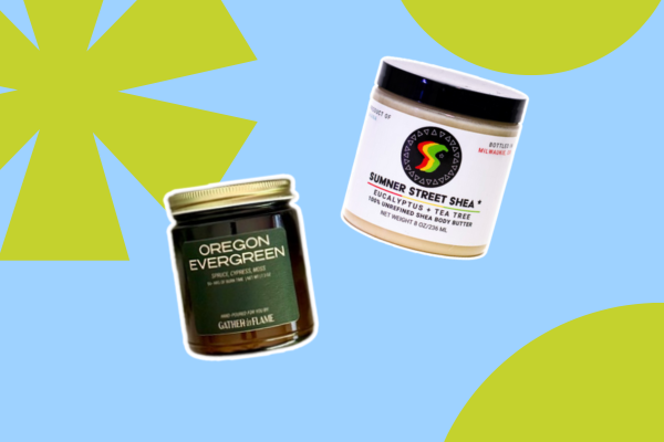 Blue background with lime green snowflake icons and a candle and jar of shea butter.