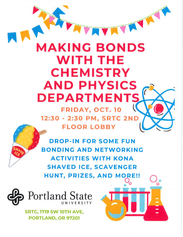 Flyer for Making Bonds With The Chemistry and Physics Departments, includes the information listed below. Text is brightly covered and flyer includes clip-art images of shaved ice, electron rings and chemical vials.