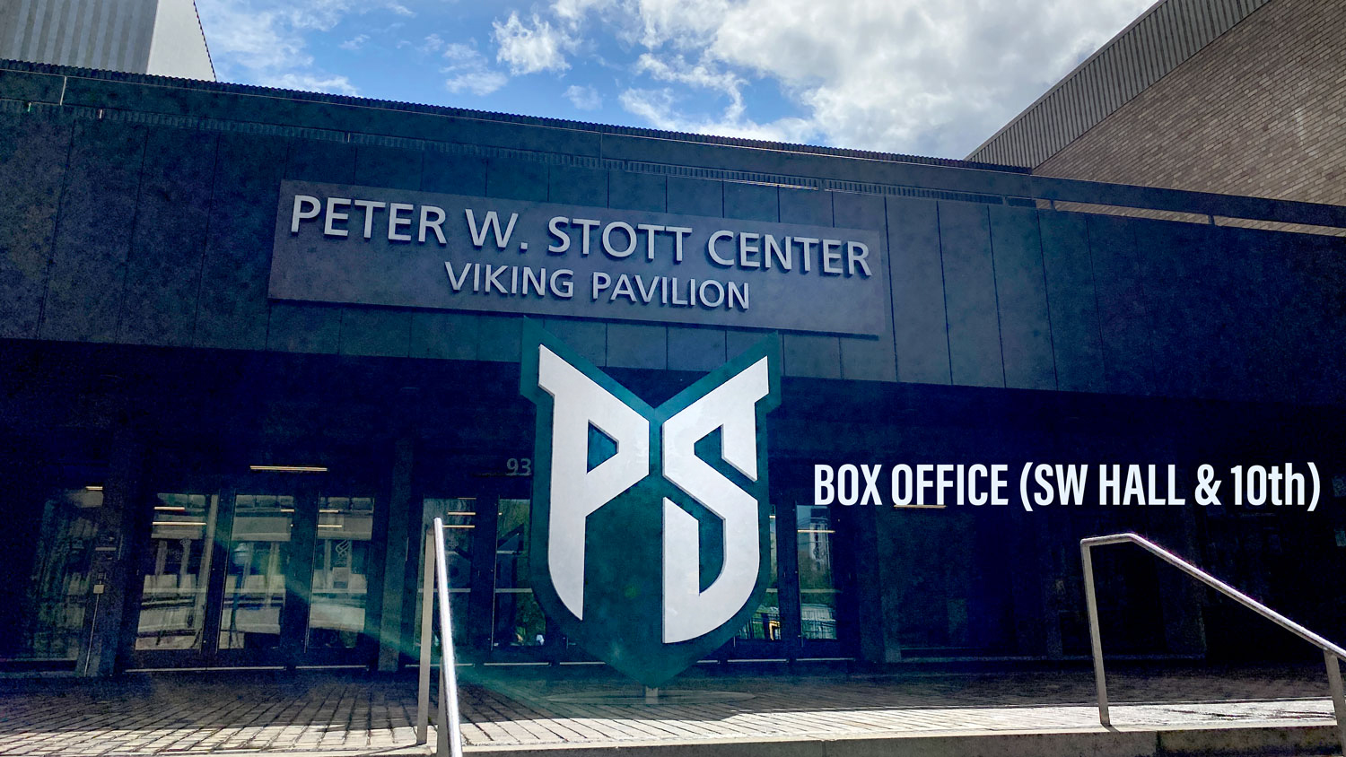 Entrance to the Peter W. Stott center on SW Park and 10th, location of the large PSU shield. This is the box office entrance for most events.