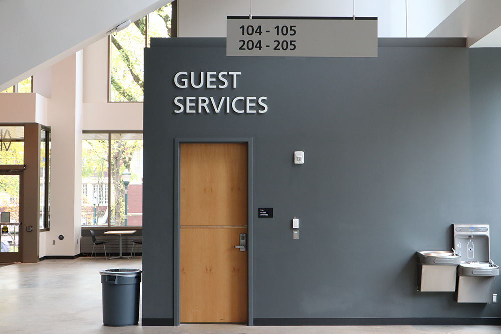 Shows the Guest Services office in the southeast corner of the concourse, near section 104.