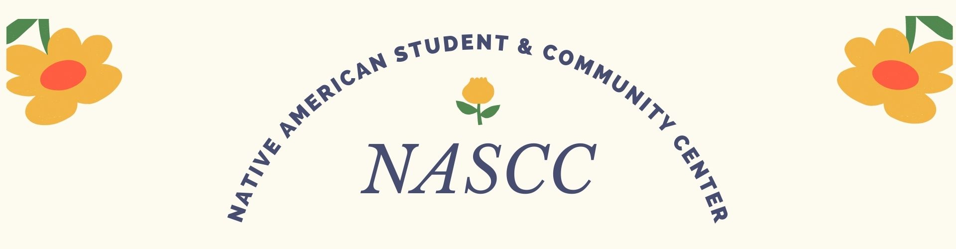 Blue "Native American Student & Community Center" text against a beige background with flowers in the corners