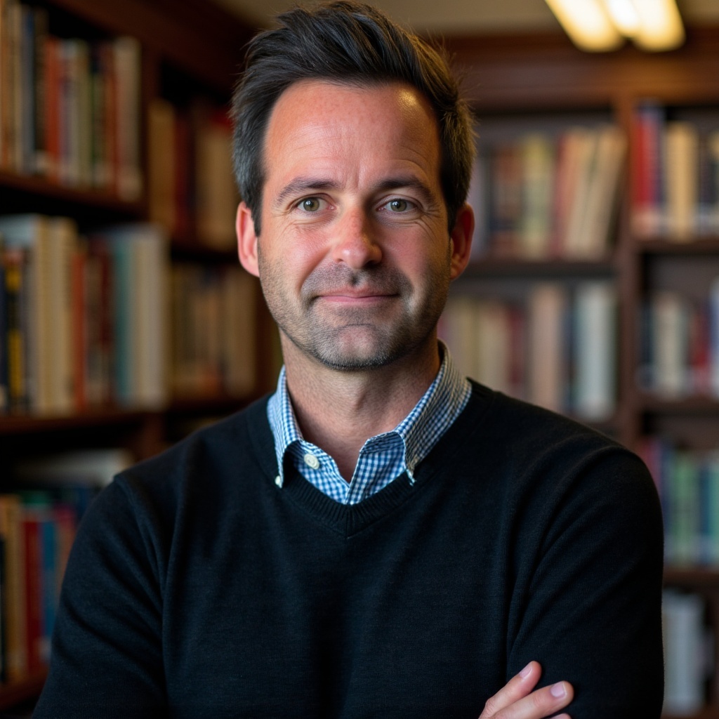 Picture of Chris Gruener: man with dark hair, wearing a blue collared shirt and sweater against the background of bookshelves