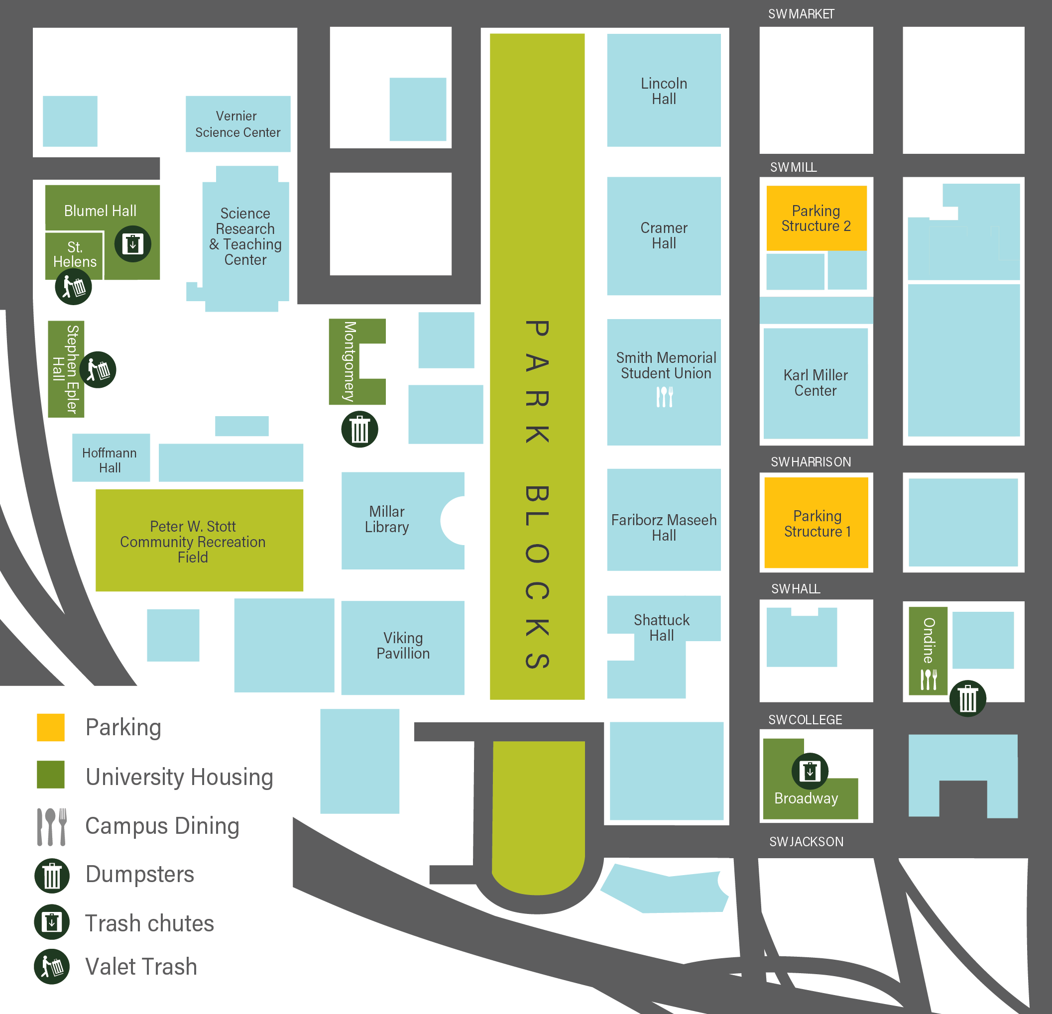 Map of PSU that indicates which residence halls have trash chutes, dumpsters, or valet trash