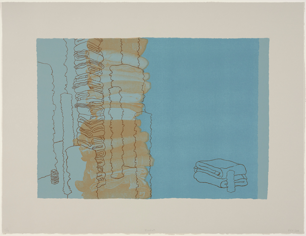 print depicting stacks of blankets