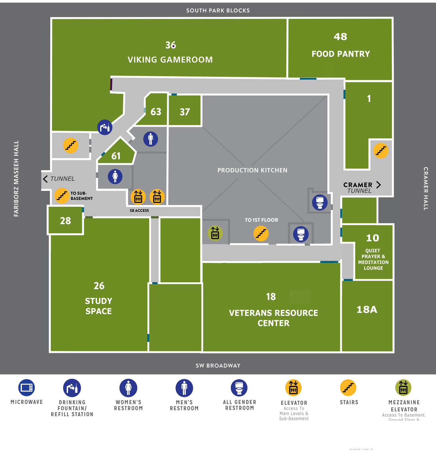 Image shows basement level of Smith. Text on image points out Viking Gameroom, PSU Food Pantry, Veterans Resource Center, Quiet Prayer lounge and study space are located in the basement.